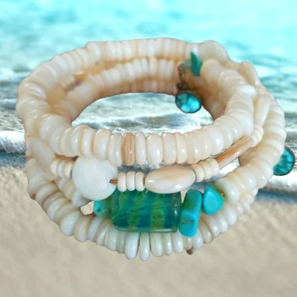 Hand Crafted Art Glass and Natural Shell Wrap Bracelet NWT - Picture 1 of 6